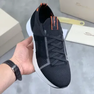 Santoni Black Orange Knit Upper Suede Paneling Sneakers