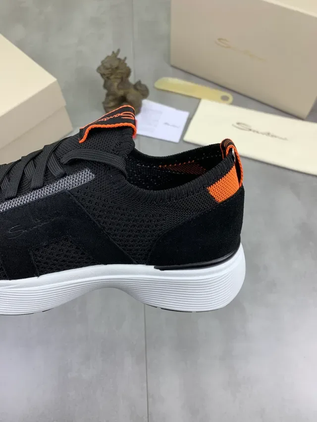 Santoni Black Orange Knit Upper Suede Paneling Sneakers 3