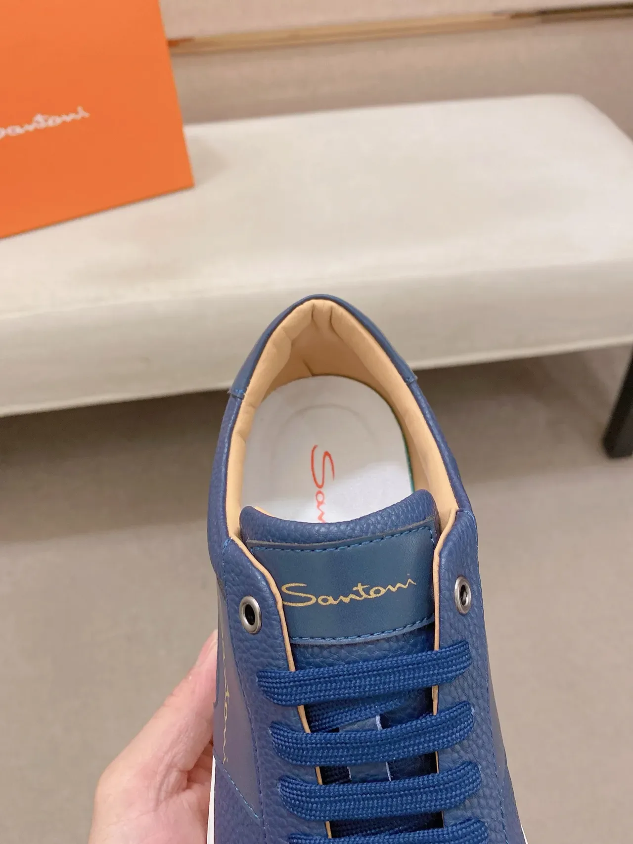 Santoni Blue Pebbled Leather Low-Top Sneaker 4