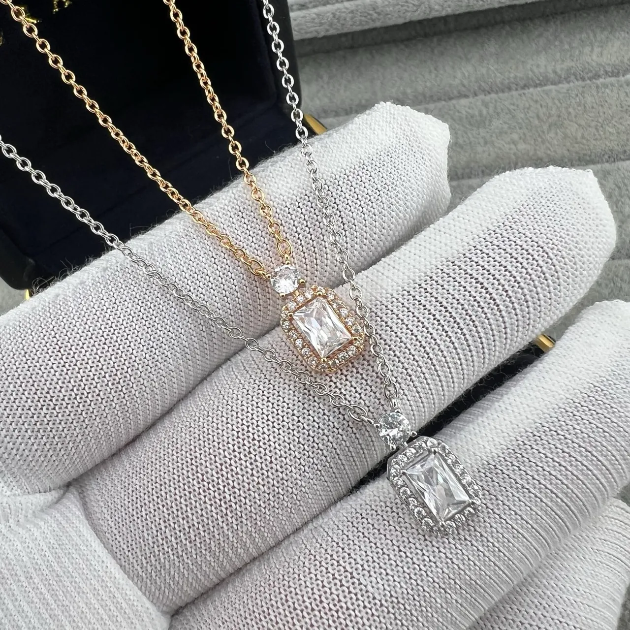 Silver and Gold Tone Rectangular Halo Pendant Necklaces 5