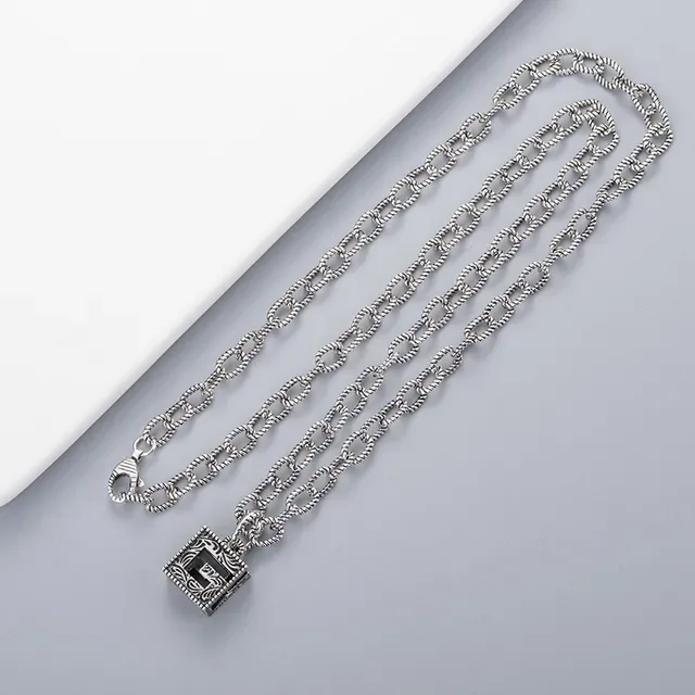 Silver Black Chain Ornate Square Pendant Necklace 5