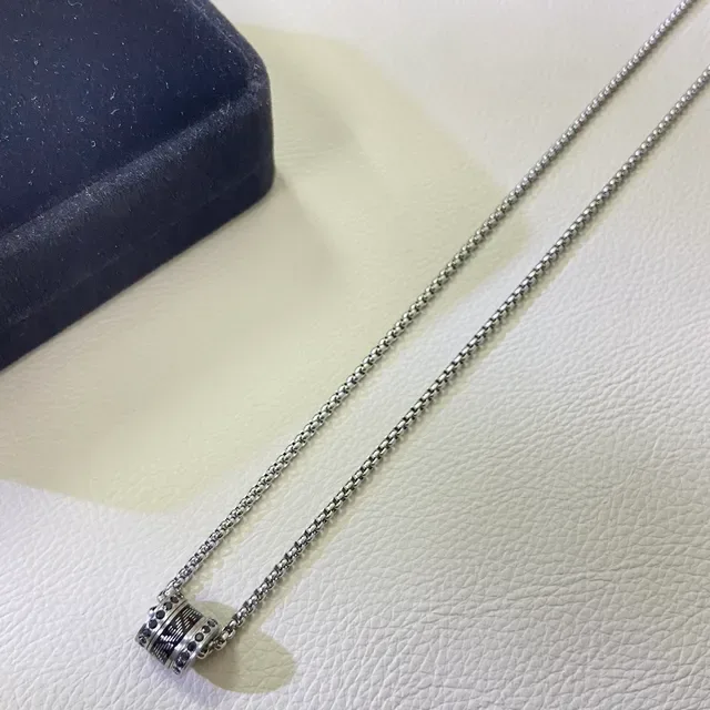 Silver Black Cylindrical Rotating Pendant Enamel Inlay Necklace 4
