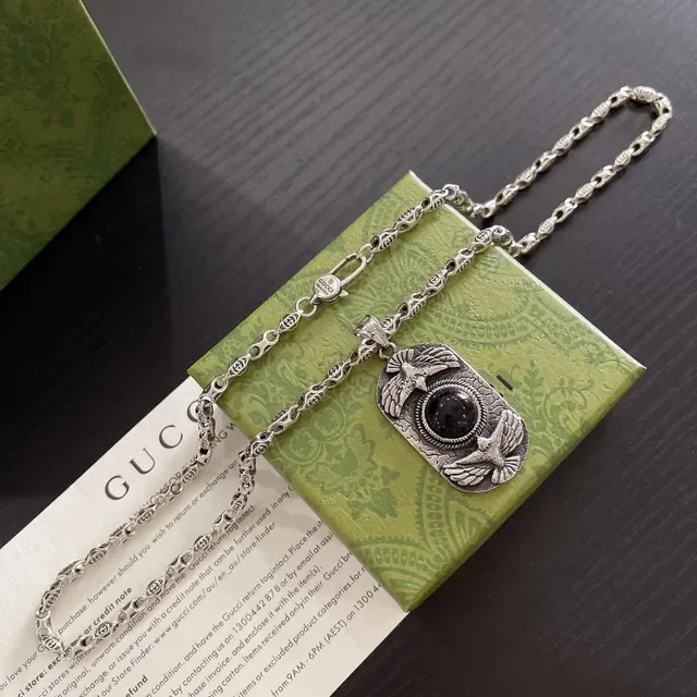 Silver Black Ornate Chain Rectangular Dog-Tag-Style Pendant Necklace 3