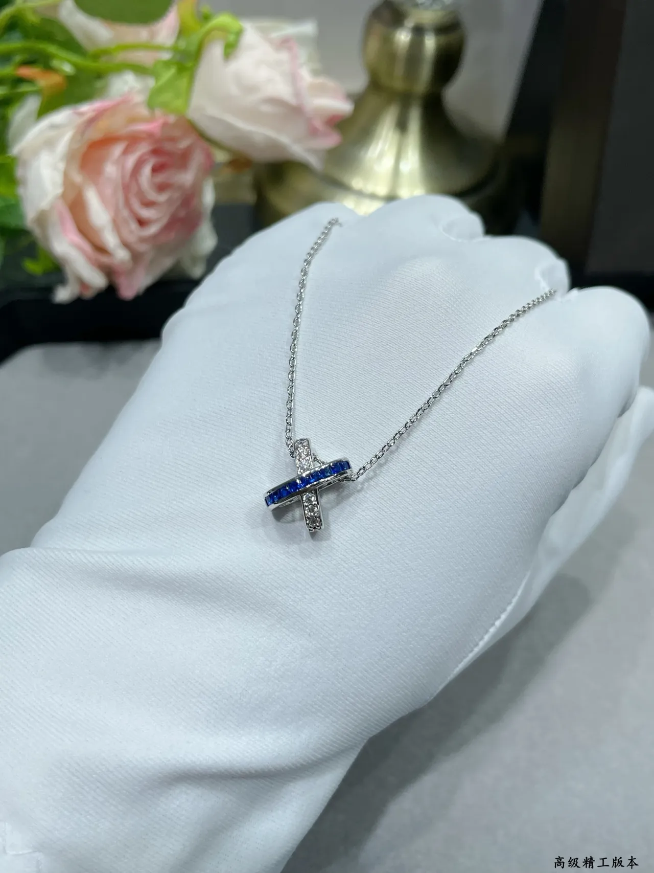 Silver Blue X-Shaped Pendant Channel-Set Stones Necklace 3