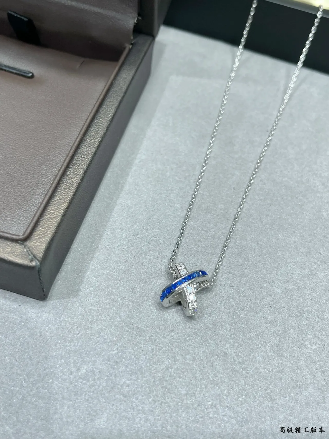 Silver Blue X-Shaped Pendant Channel-Set Stones Necklace 5