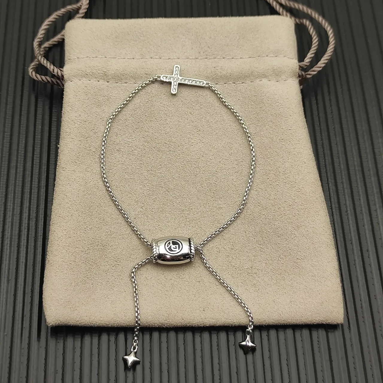 Silver Chain Pavé-Set Cross Pendant Bracelet 10