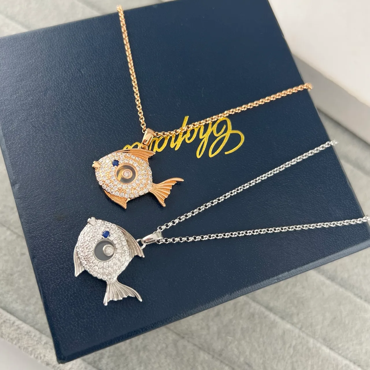 Silver Gold Fish-Shaped Pendant Pavé Crystal-Set Body Necklace 7