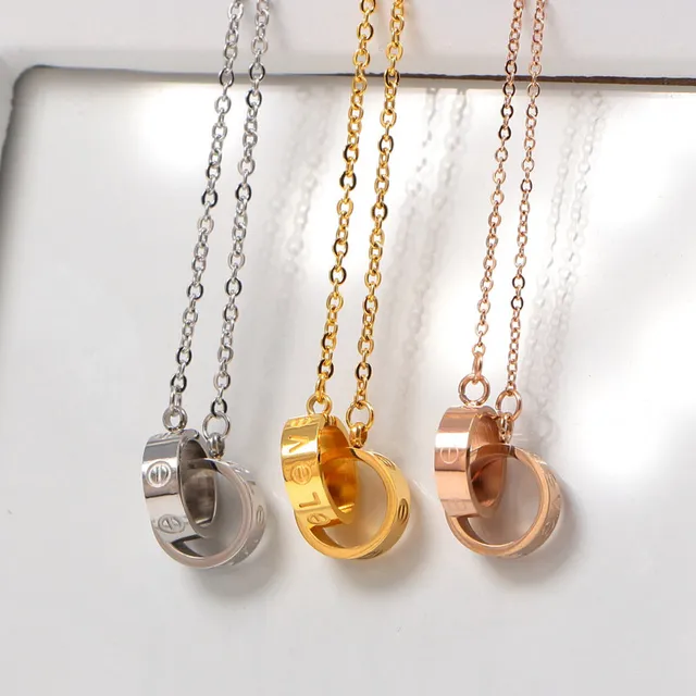 Silver Gold Interlocking Ring Pendant Fine Link Chain Necklace 4