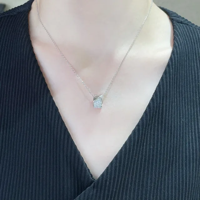 Silver Gold Pavé-Set Stone Surface Twisted Ribbon-Like Pendant Silhouette Necklace 8