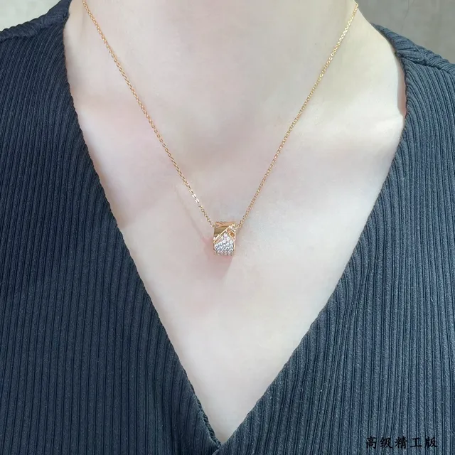 Silver Gold Pavé-Set Stone Surface Twisted Ribbon-Like Pendant Silhouette Necklace 9