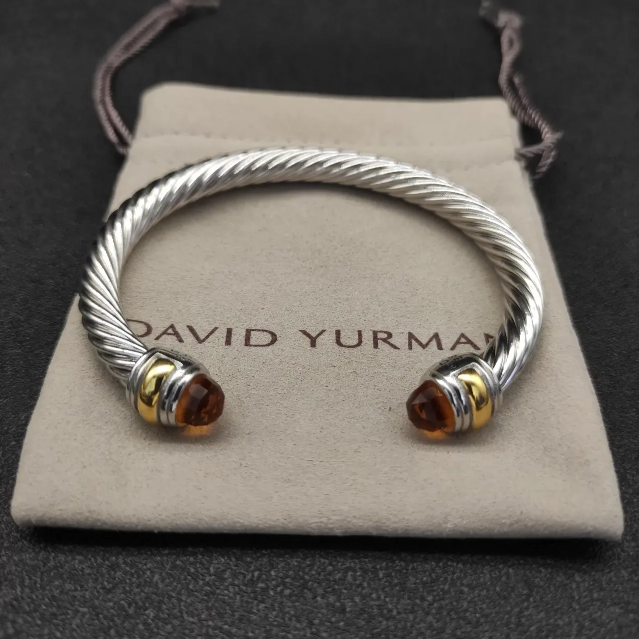 Silver Gold Twisted Cable Faceted Amber Stone Terminals Bracelet 6