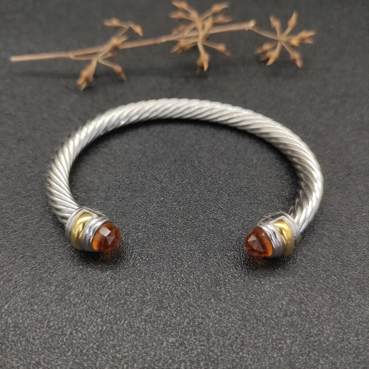 Silver Gold Twisted Cable Faceted Amber Stone Terminals Bracelet 9