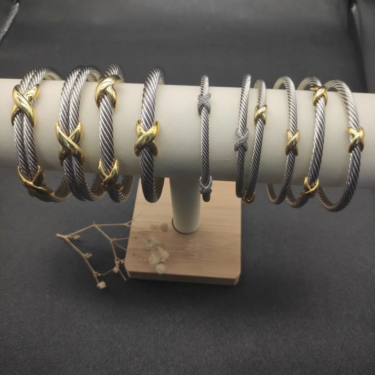 Silver Gold Twisted Cable Open Cuff Bracelet 2