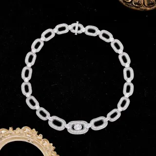Collier Chaîne Maillons Ovales Pave-Set Argent Vert Métal Blanc Haut Poli