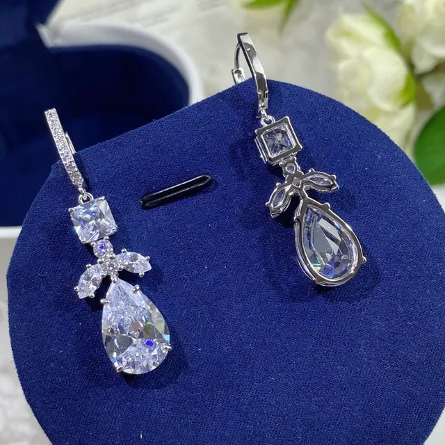 Silver Navy Multi-Stone Drop Pear-Cut Teardrop Earrings 7