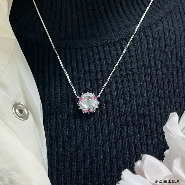Silver Red Floral Halo Setting Cabochon Central Stone Necklace 9