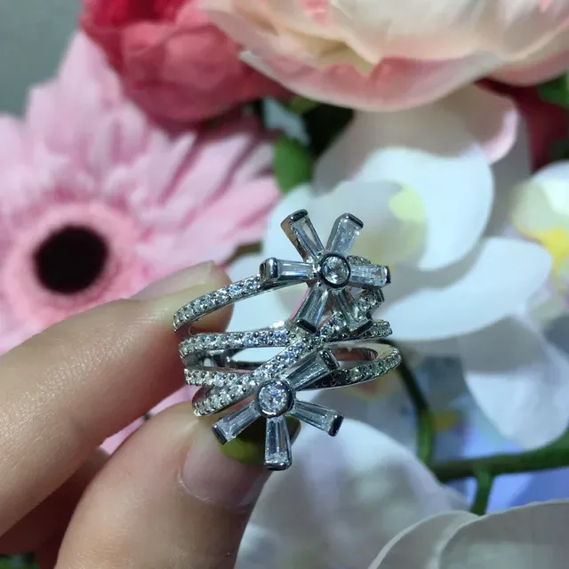 Silver Red Multi-Band Baguette-Cut Stone Ring 7