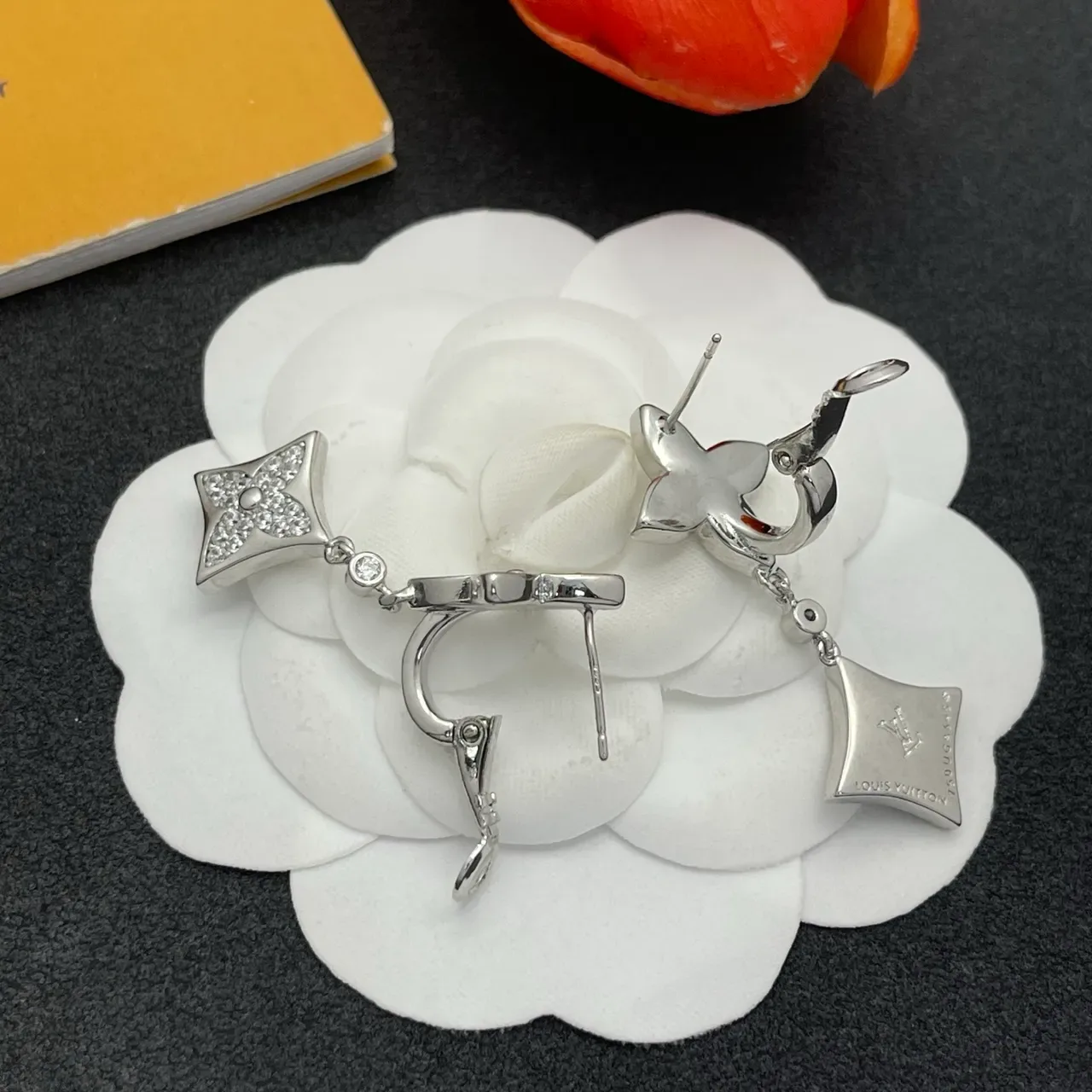 Silver Transparent Pavé-Set Floral Motif Dangling Square-and-Flower Design Earrings 4
