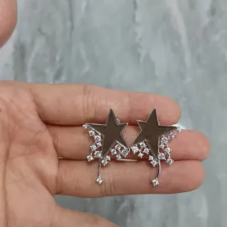 Silver Transparent Star-Shaped Studs Dangling Crystal Clusters Earrings