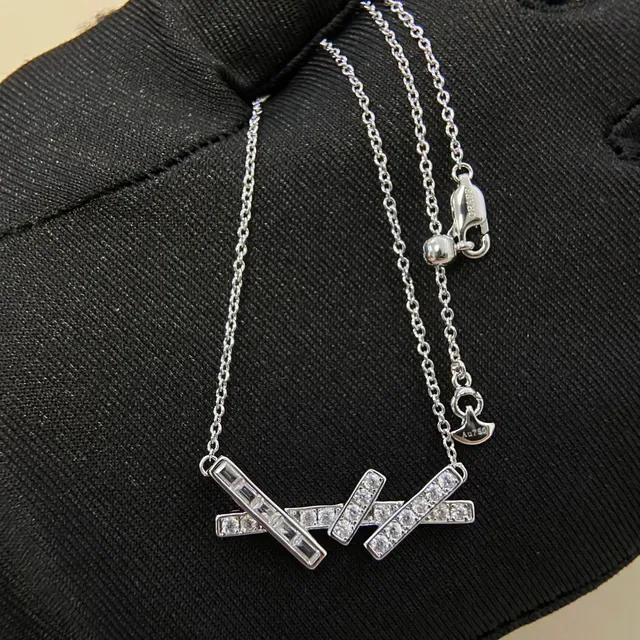 Silver White Geometric Bar Pendant Baguette-Cut And Round Crystal Pavé Necklace 2