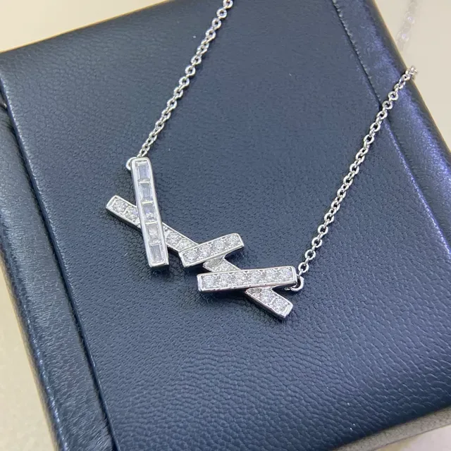 Silver White Geometric Bar Pendant Baguette-Cut And Round Crystal Pavé Necklace 4