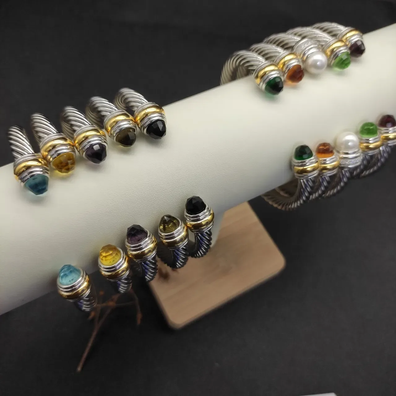 Silver Yellow Twisted Cable Faceted Stone Ends Bracelet 7