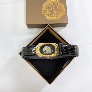 Stefano Ricci 黑色金色光泽鳄鱼压纹华丽椭圆扣皮带