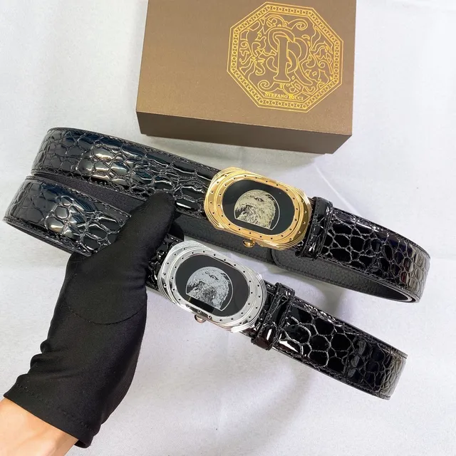 Stefano Ricci Black Gold Glossy Crocodile-Embossed Ornate Oval Buckle Leather Belt 3