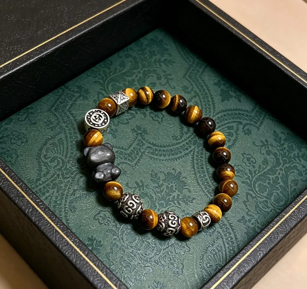 Bracelet en perles d'Oeil de Tigre et métal argenté 2