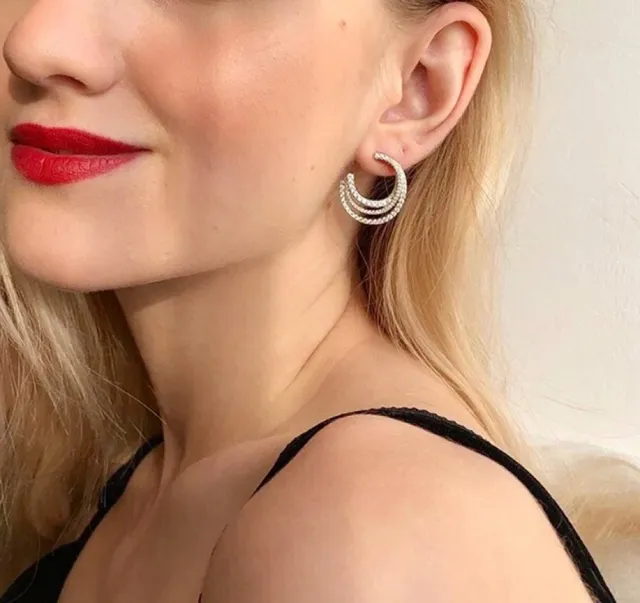 Triple Crescent Pavé-Set Silver-Tone Huggie Earrings 8