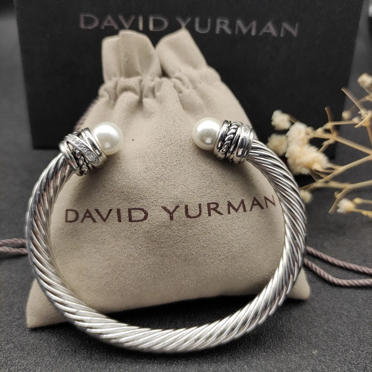 Twisted Cable Pearl-Terminal Open Bangle Bracelet 3