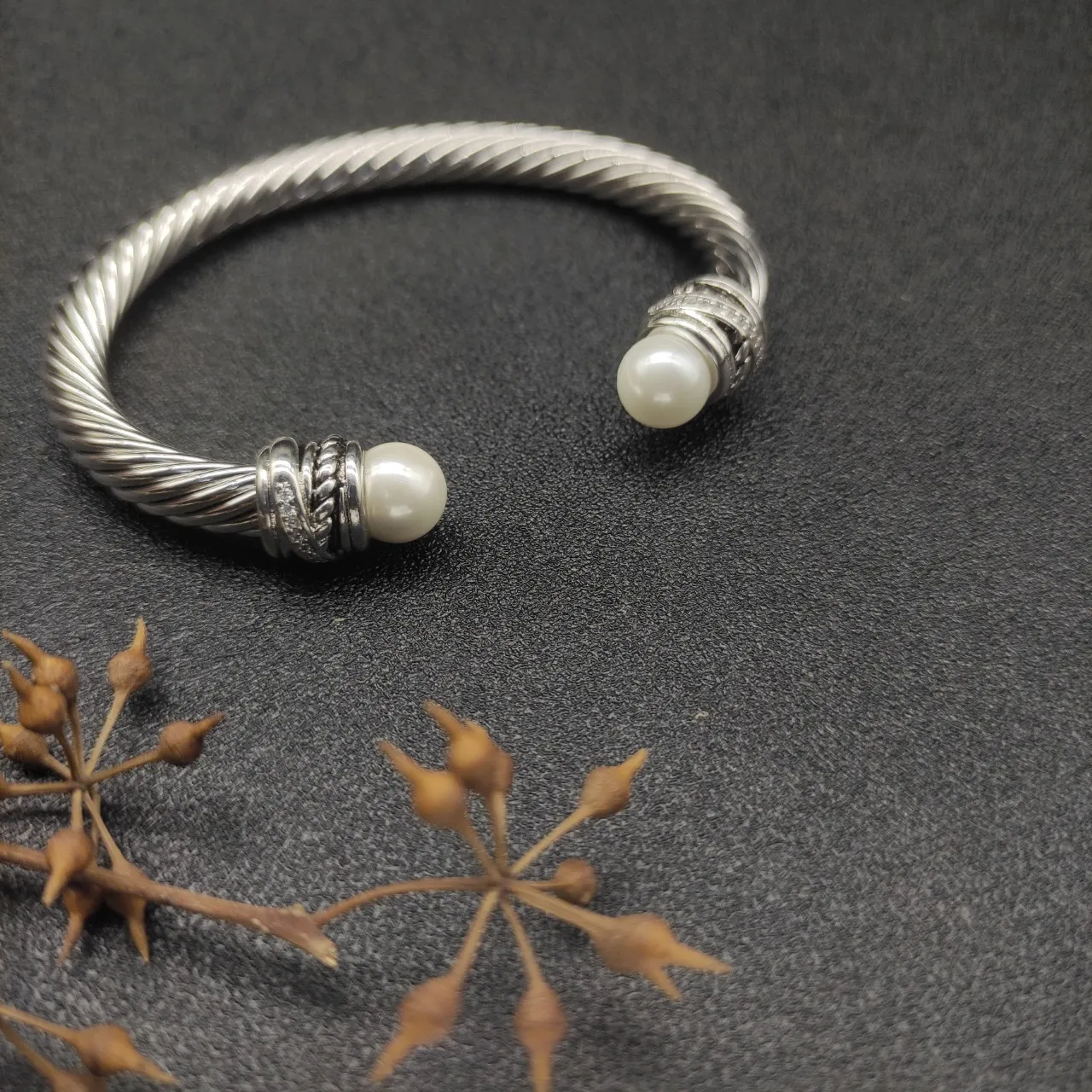Twisted Cable Pearl-Terminal Open Bangle Bracelet 9