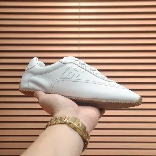 White Beige Leather Upper Gum Rubber Sole Sneakers