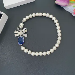 白色蓝色珍珠串银蝴蝶结主题项链