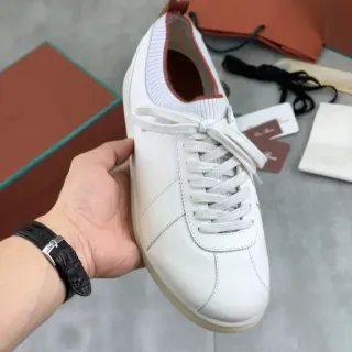 White Brown Leather Upper Ribbed Knit Collar Sneakers