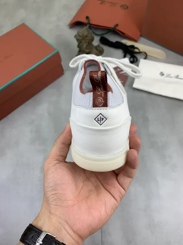 White Brown Leather Upper Ribbed Knit Collar Sneakers 3