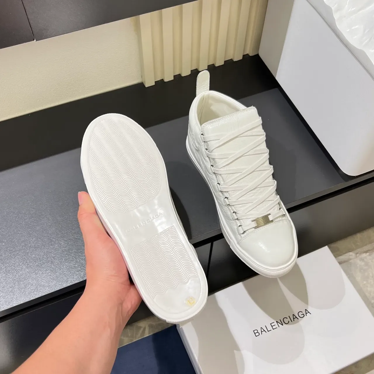 White Crinkled Leather High-Top Sneakers 3