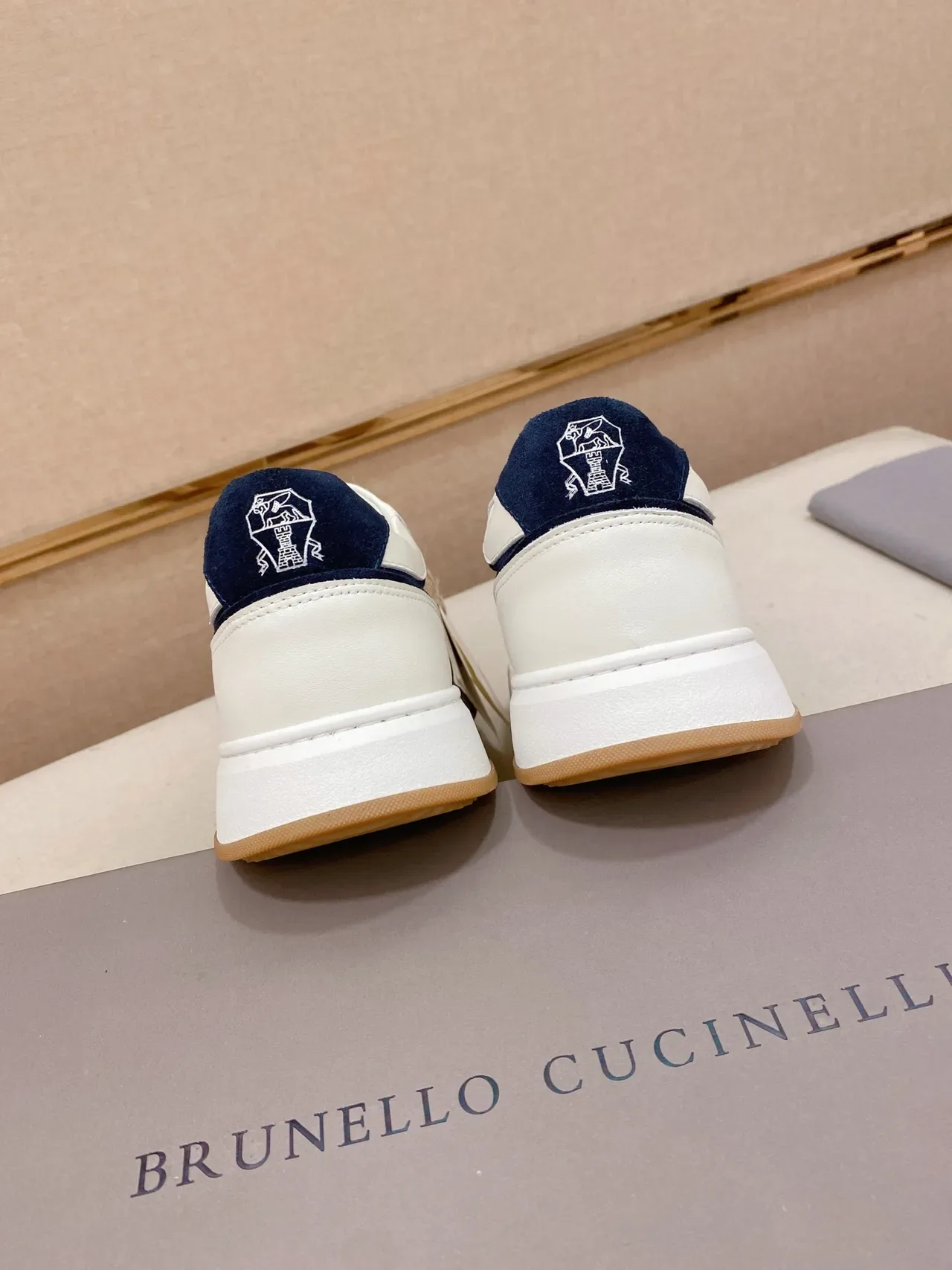 White Navy Low-Top Leather-Suede Panelled Sneakers 2