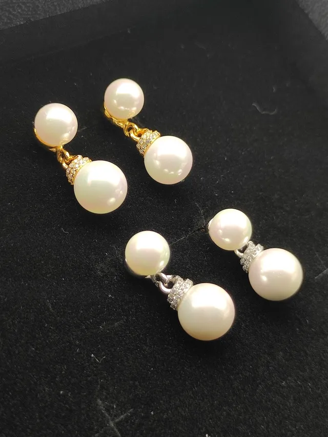 White Silver Double-Pearl Drop Setting Earrings 2