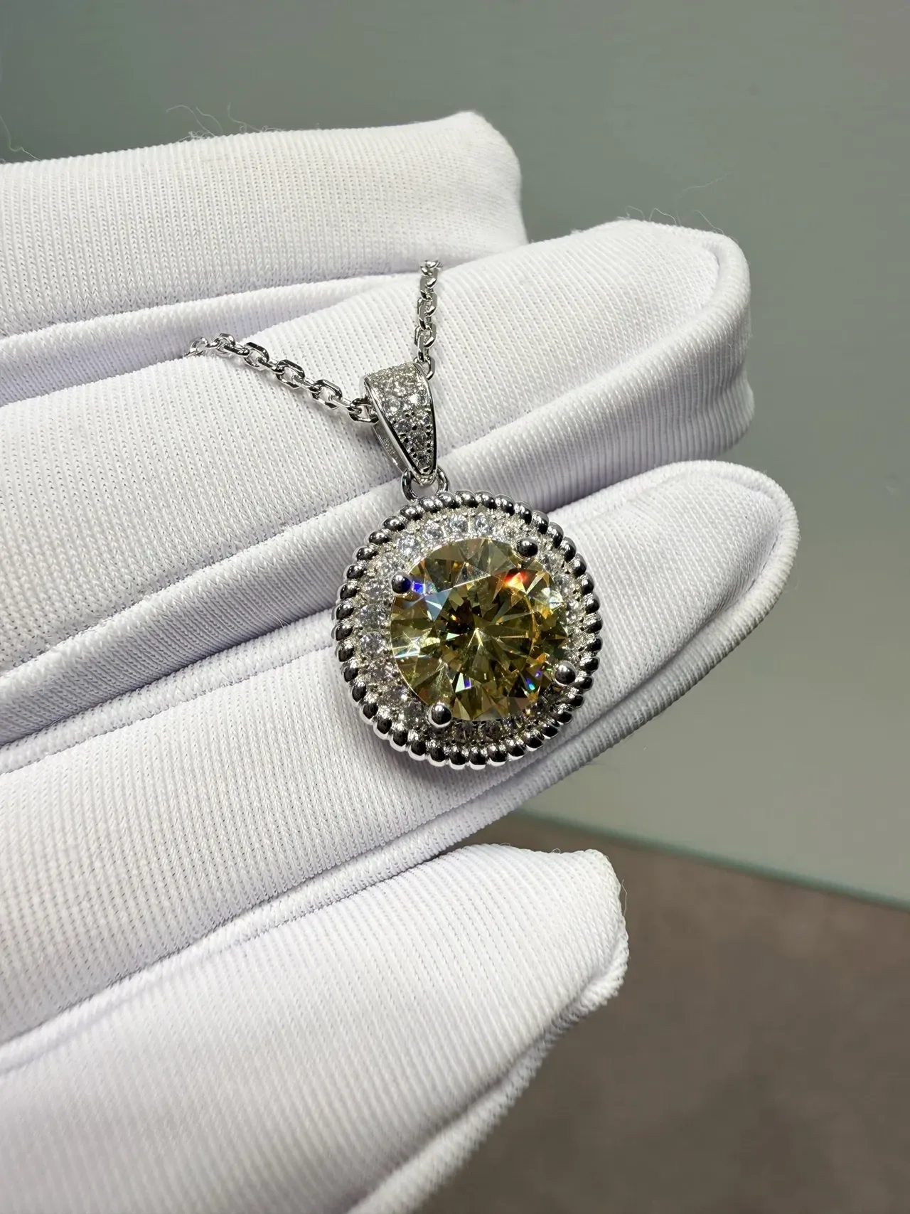 Yellow Silver Halo-Set Pavé-Accented Necklace 5