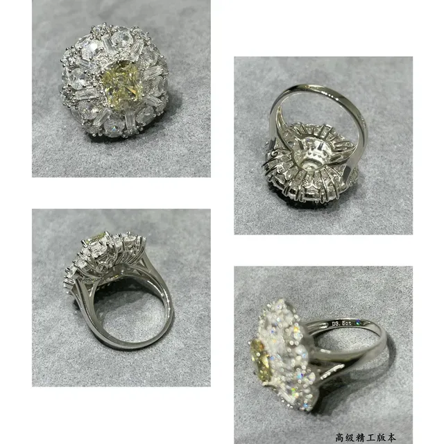Bague de centre en coupe Cushion-Cut jaune blanc avec halo et cluster 2