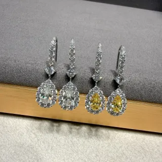 Yellow White Teardrop Pendant Pavé Halo Setting Earrings