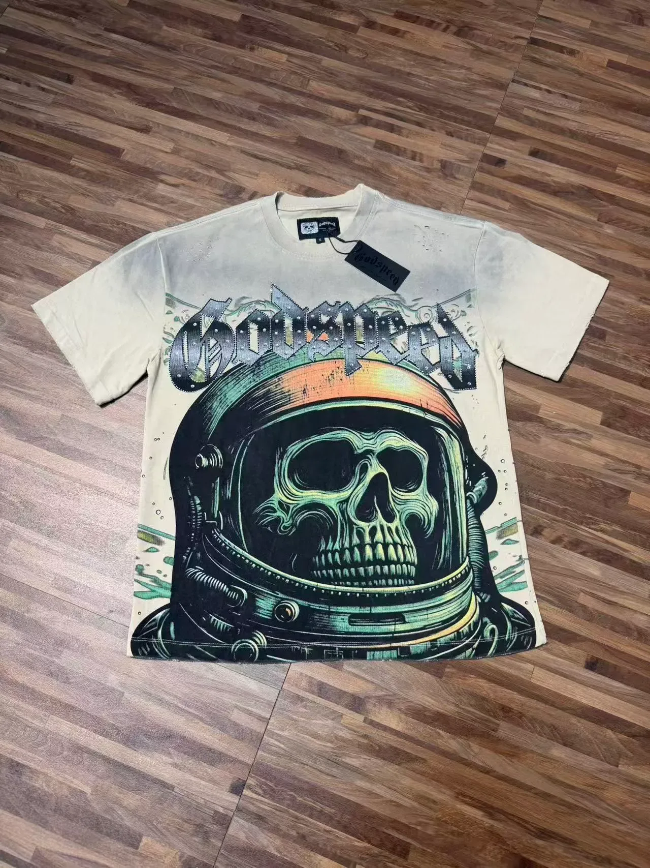 Camiseta Godspeed gráfico de calavera astronauta blanco roto 2