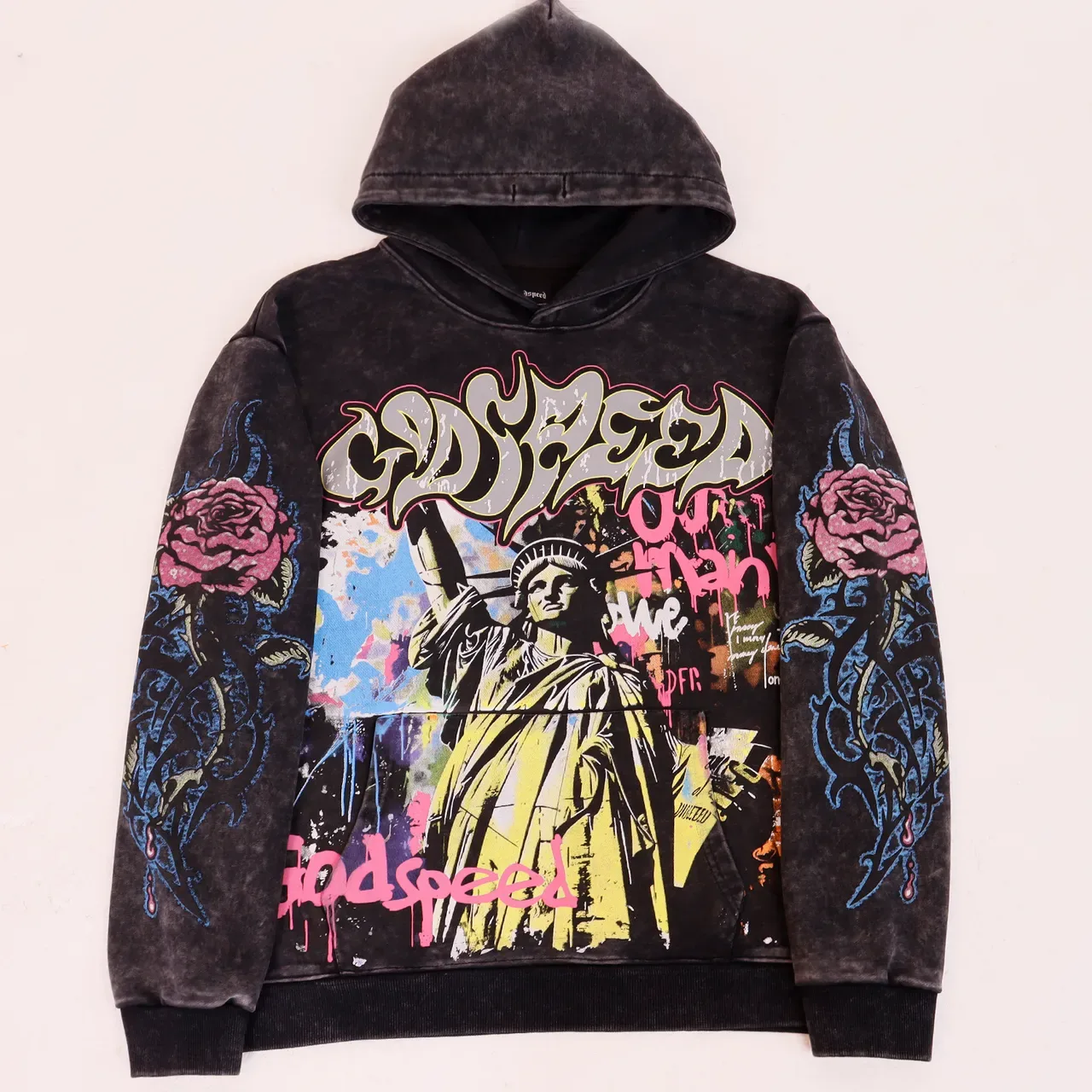 Godspeed Hoodie Graffiti Print Acid Wash Distressed 2