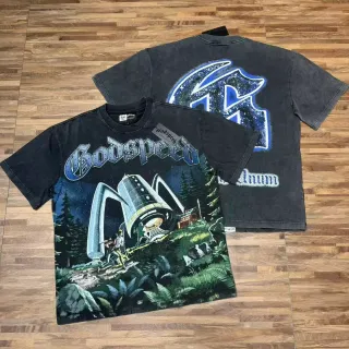 Godspeed Distressed Black Full-Print Sci-Fi Graphic T-Shirt
