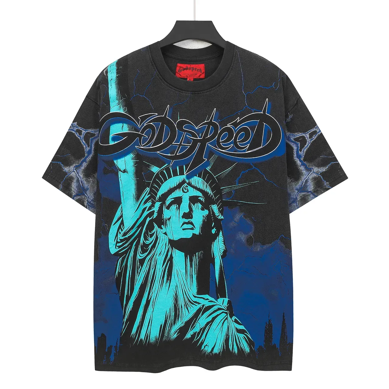 Godspeed Statue of Liberty Graphic Print Black Cyan T-Shirt 2