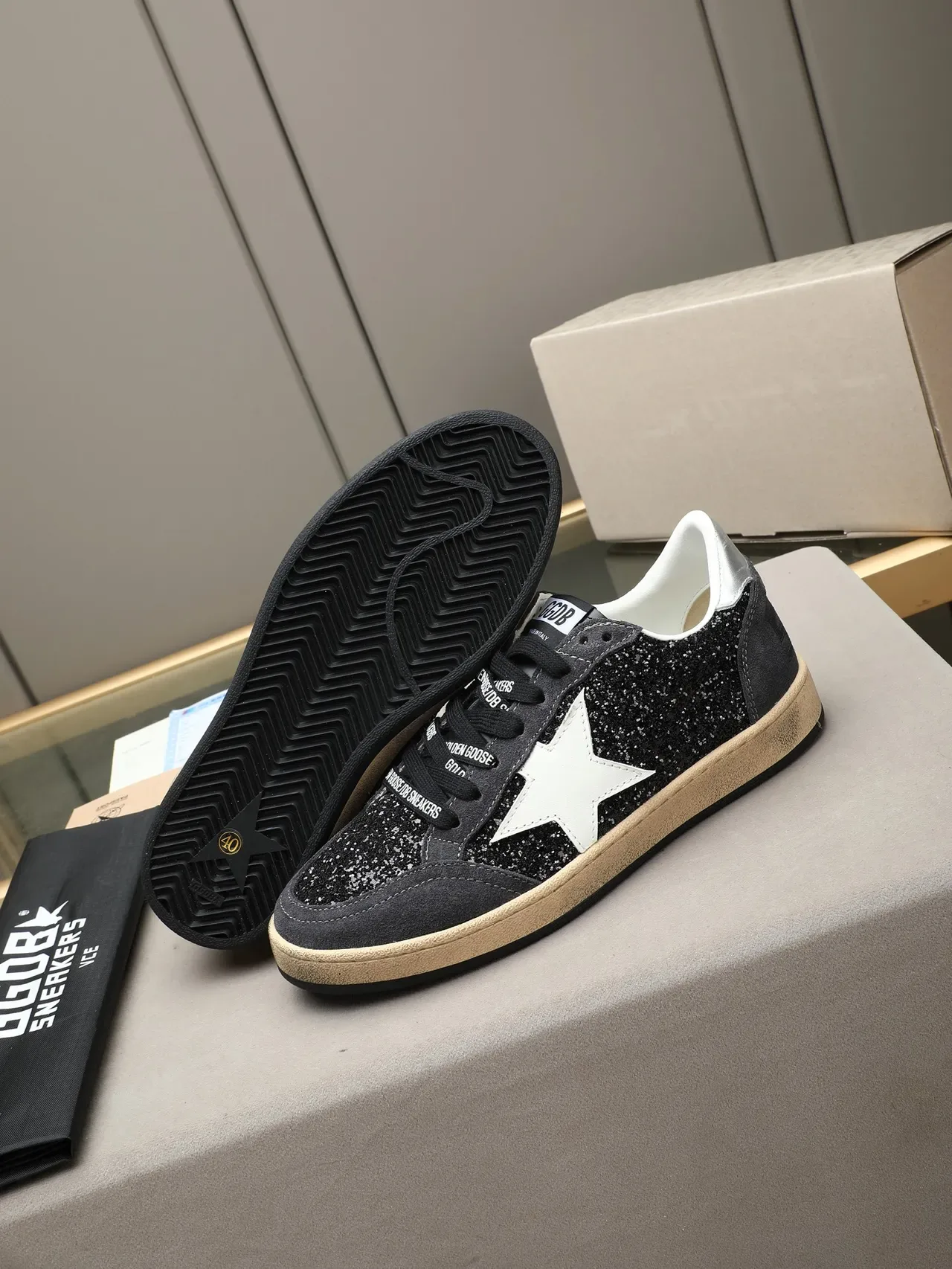 Golden Goose Ball Star Black Glitter and Gray Suede Lifestyle Sneakers 4