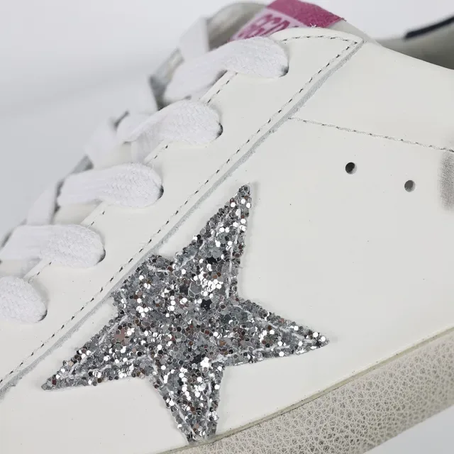 Golden Goose Super-Star أحذية أسلوب حياة جلد أبيض متضرر بنجم لامع 6