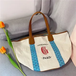 Goyard Beige Blue Canvas Body Tan Leather Trim Tote Bag