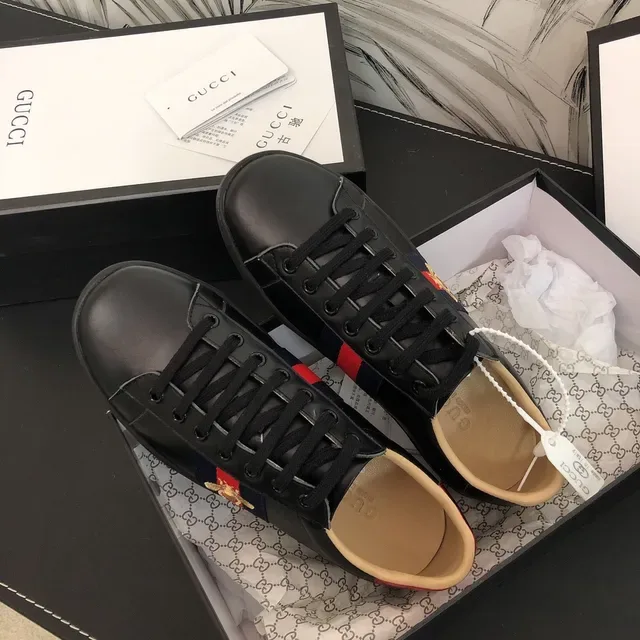 Gucci Ace Black Leather Web Stripe Bee Lifestyle Sneakers 4